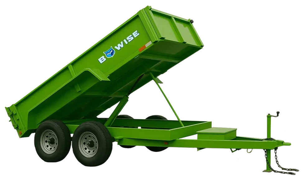 Green dump trailer with "B Wise" logo, raised bed Rubble Rumblers